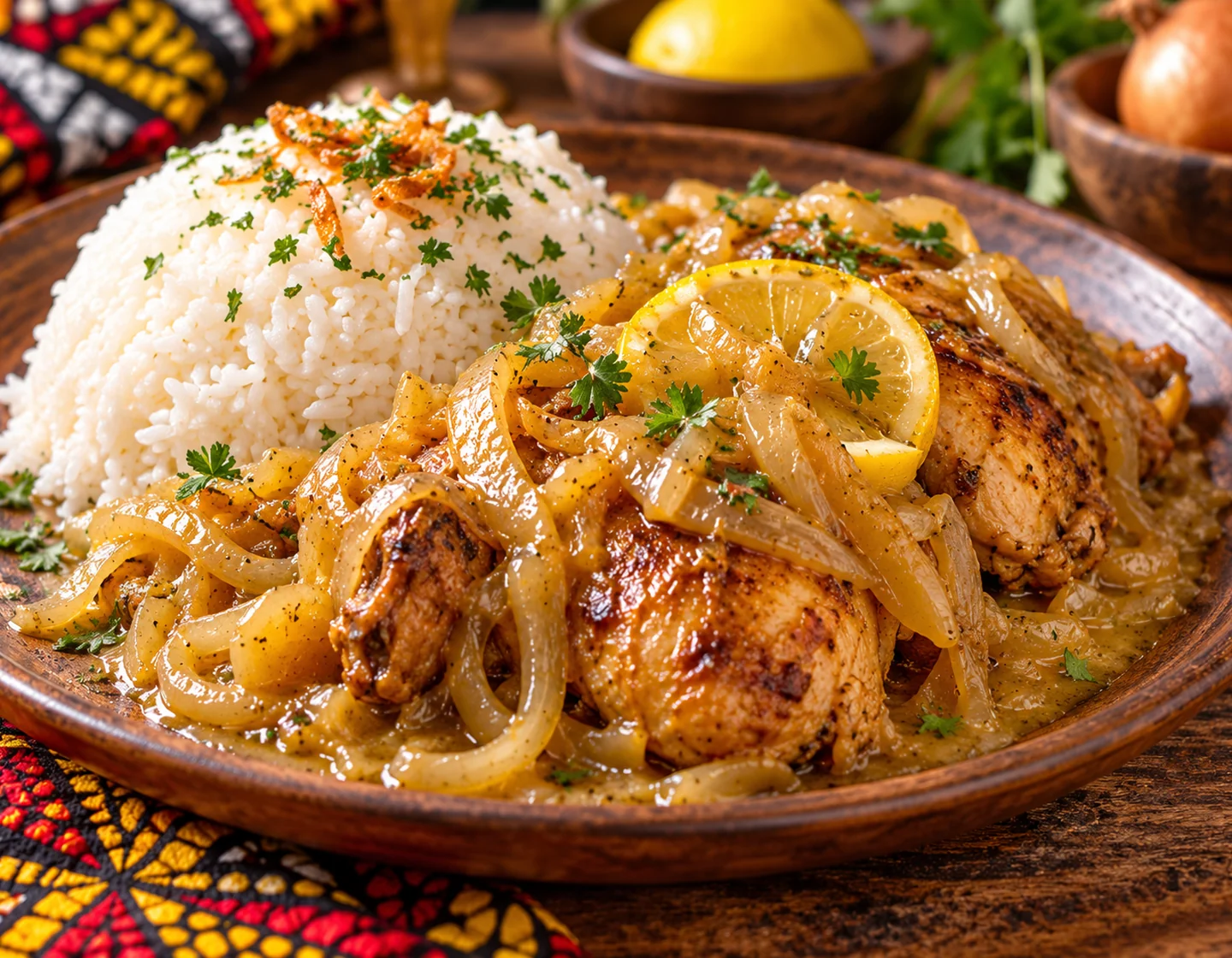 Poulet yassa gourmand au riz et citron, photographie culinaire d’illustration